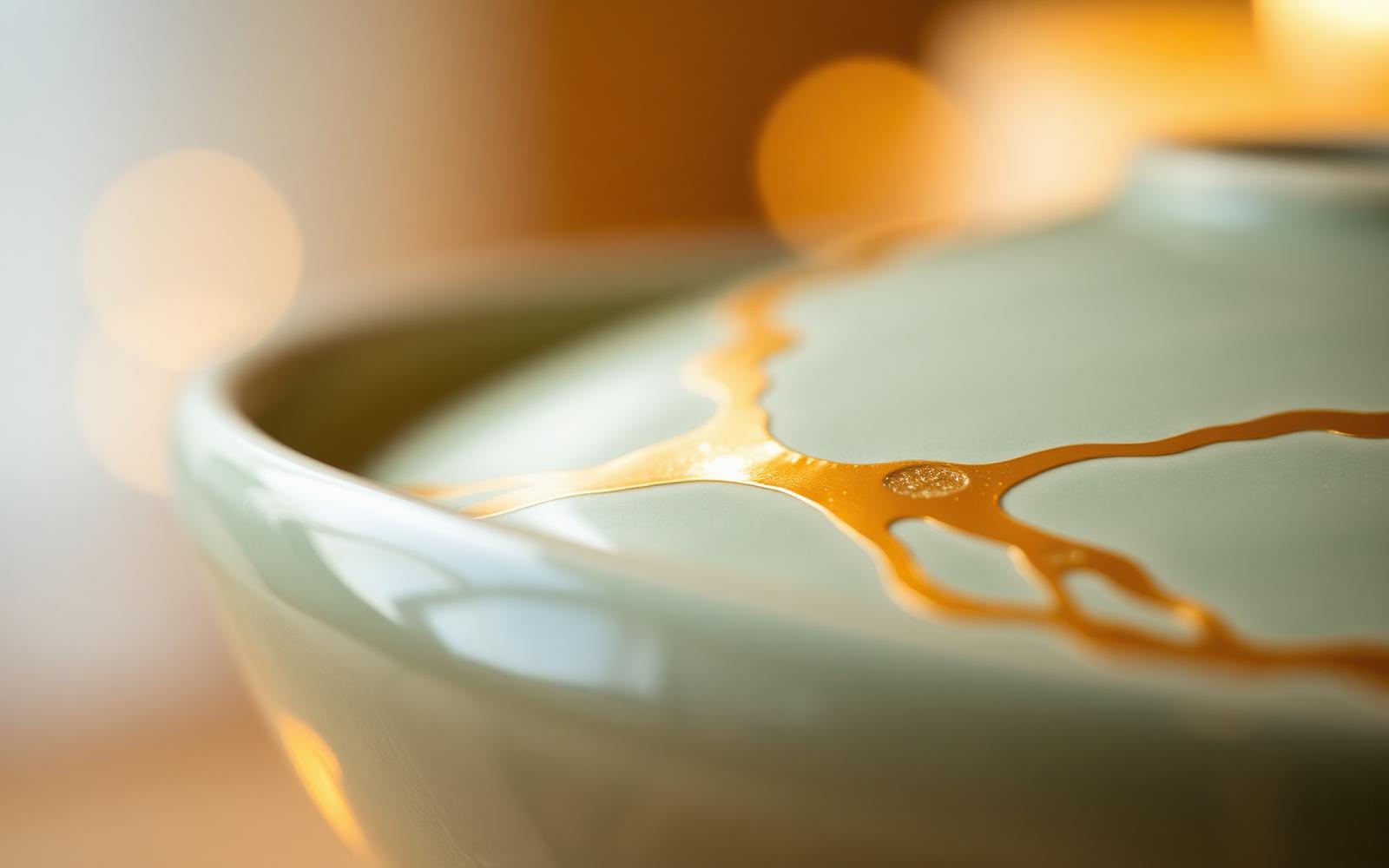Jointures dorées d'un kintsugi traversant une céramique vert sauge